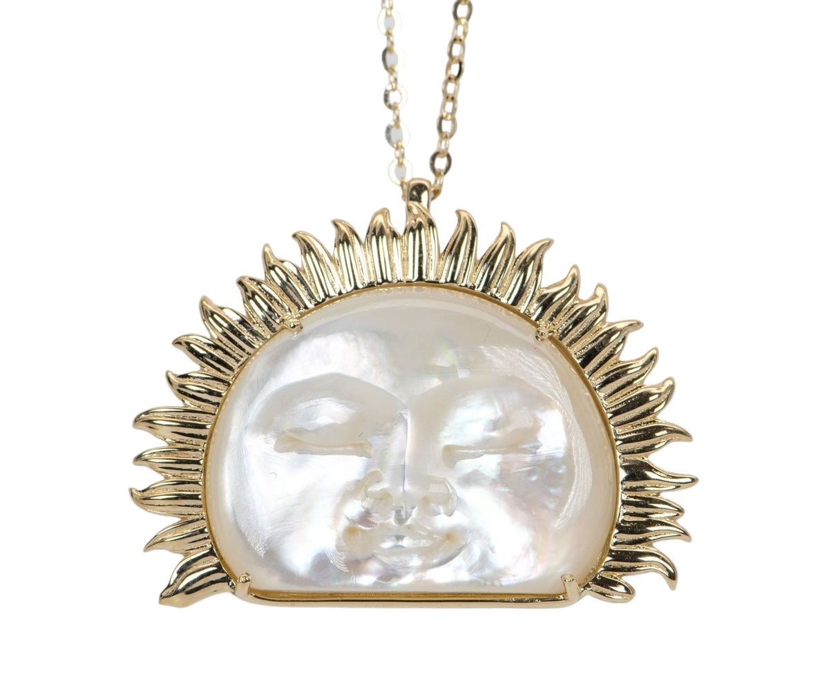 Large Mother of Pearl Carved Face with Golden Sunray Halo Pendant 9K Gold R4107 Aurora Designer