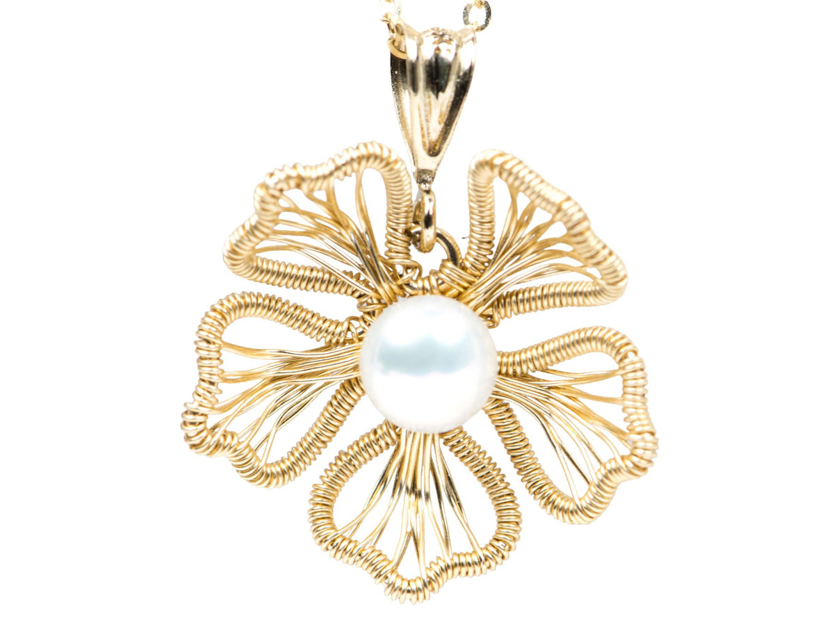 14K Gold Filled Wire Wrap Flower Motiff Pendant with Freshwater Pearl R4135 Aurora Designer
