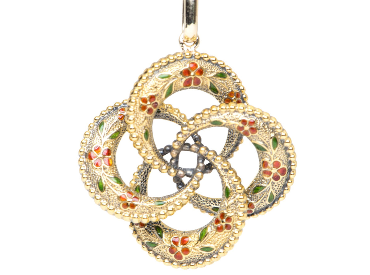 14K Yellow Gold Art Nouveau Vintage Red Green Enamel Pin Converted Pendant R4141 Aurora Designer