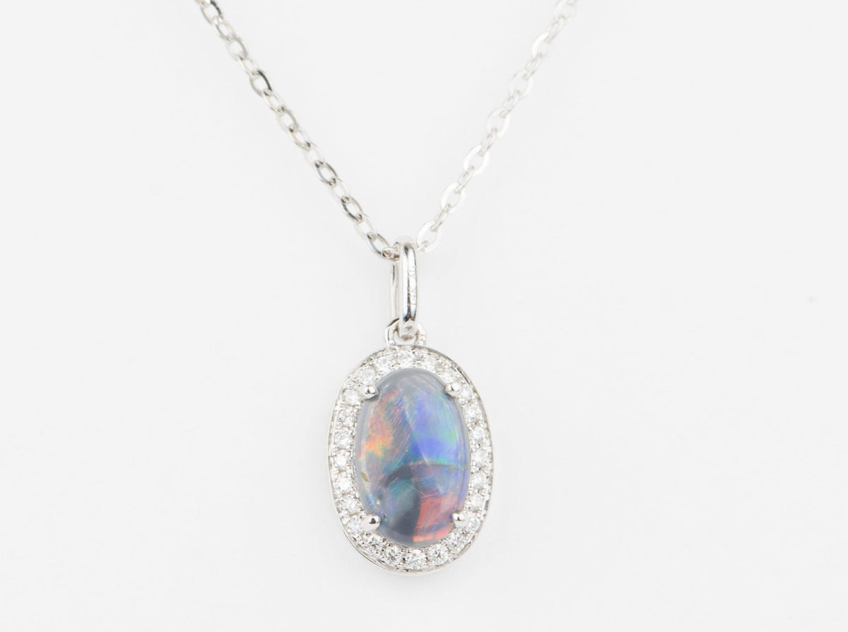 Solid Australian Black Opal with Diamond Halo 14K White Gold Pendant Charm R4156 Aurora Designer