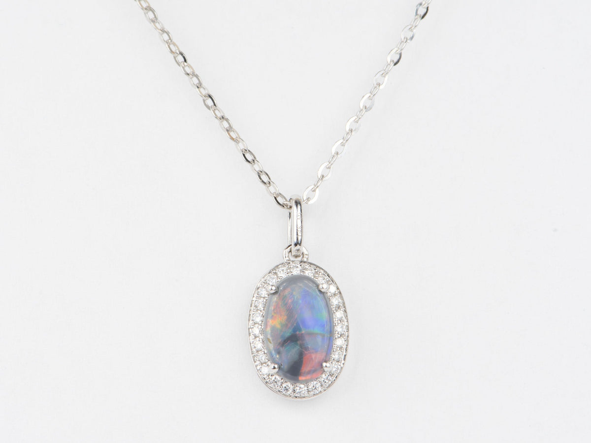 Solid Australian Black Opal with Diamond Halo 14K White Gold Pendant Charm R4156 Aurora Designer