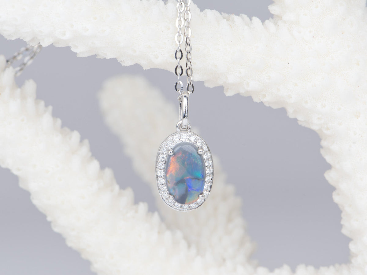 Solid Australian Black Opal with Diamond Halo 14K White Gold Pendant Charm R4156 Aurora Designer