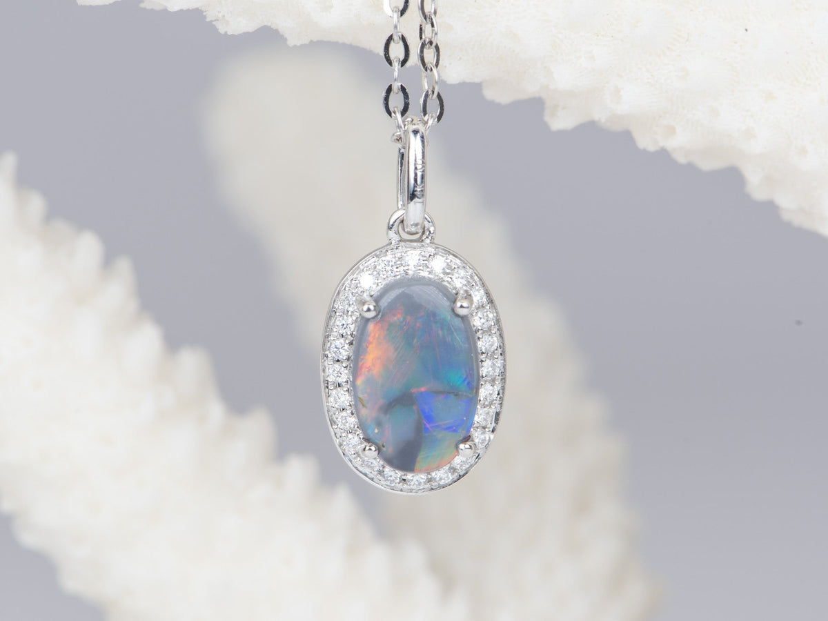 Solid Australian Black Opal with Diamond Halo 14K White Gold Pendant Charm R4156 Aurora Designer