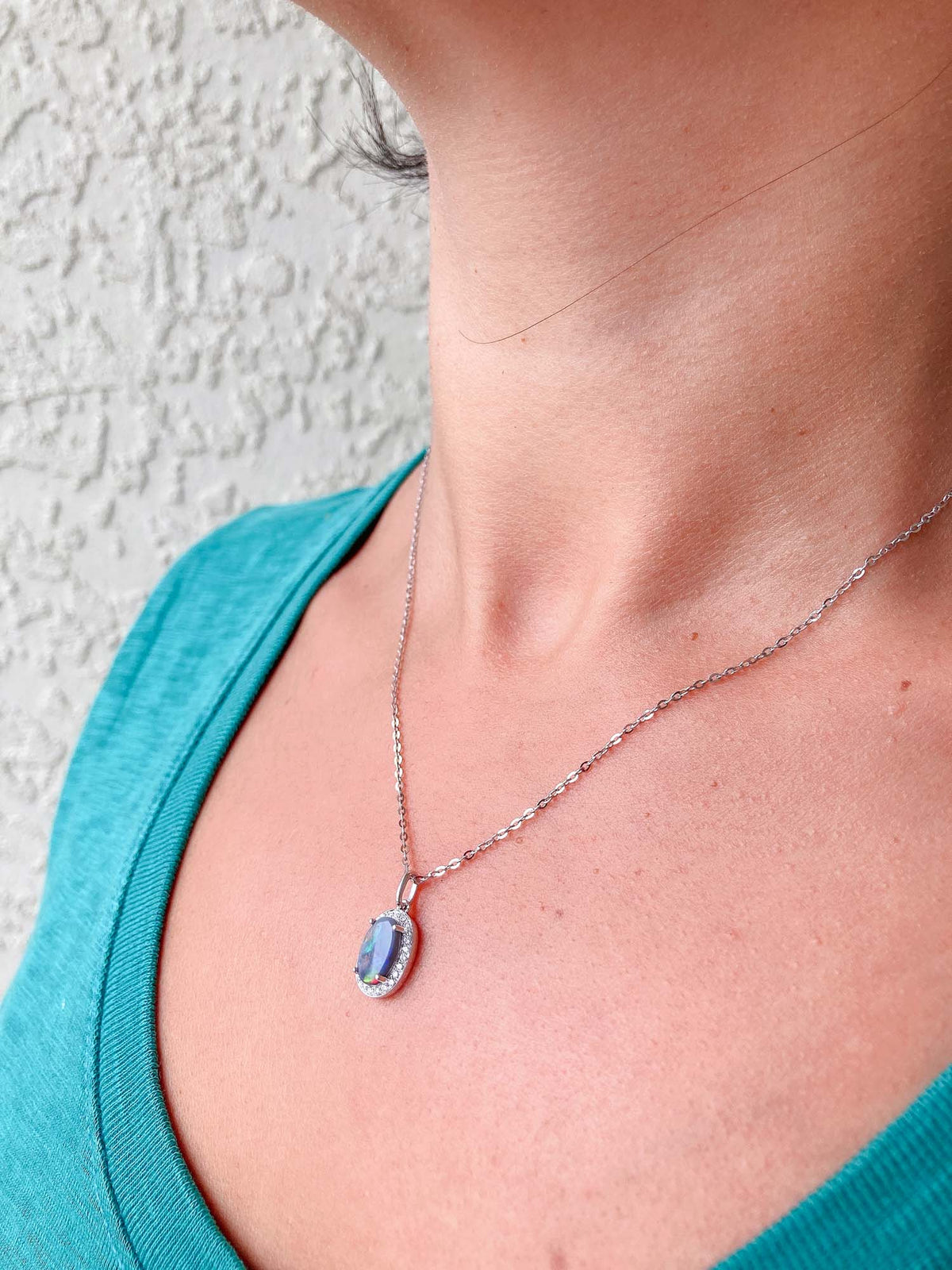 Solid Australian Black Opal with Diamond Halo 14K White Gold Pendant Charm R4156 Aurora Designer