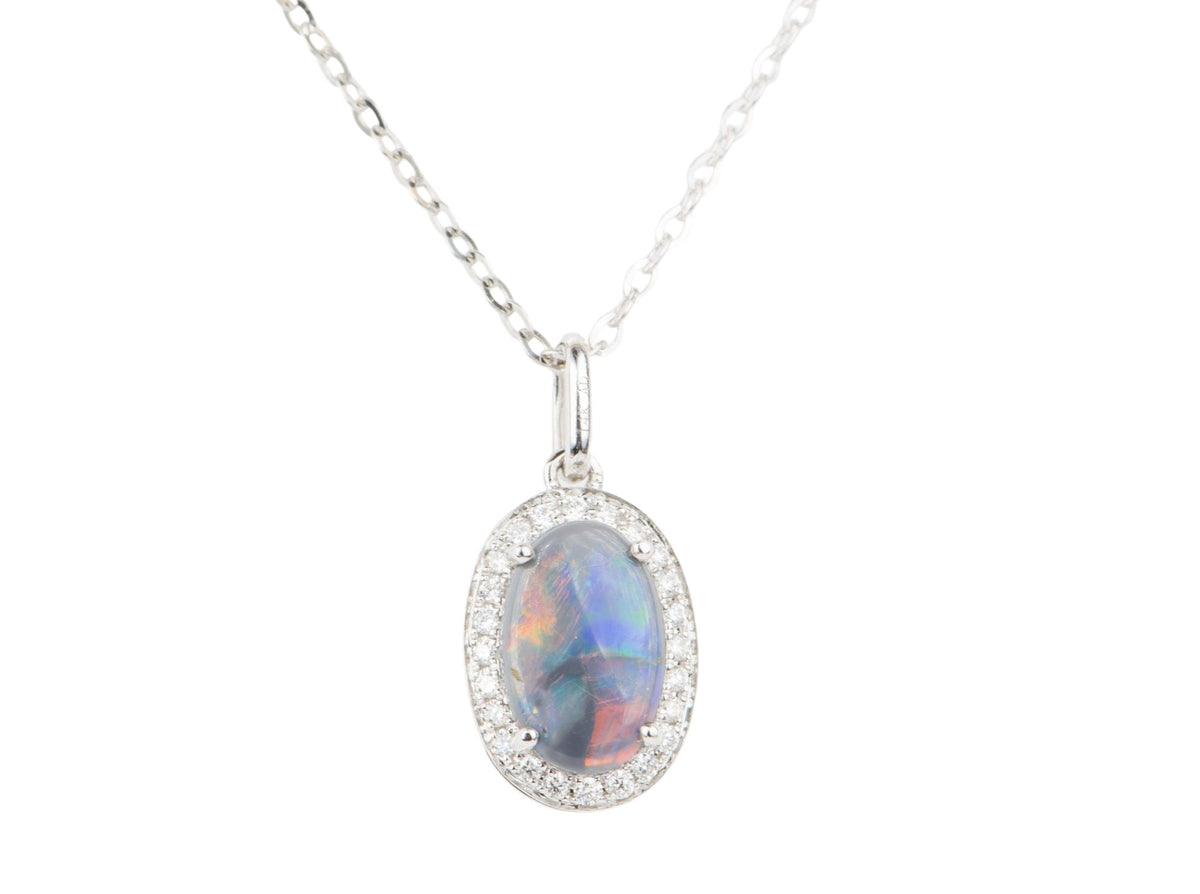 Solid Australian Black Opal with Diamond Halo 14K White Gold Pendant Charm R4156 Aurora Designer