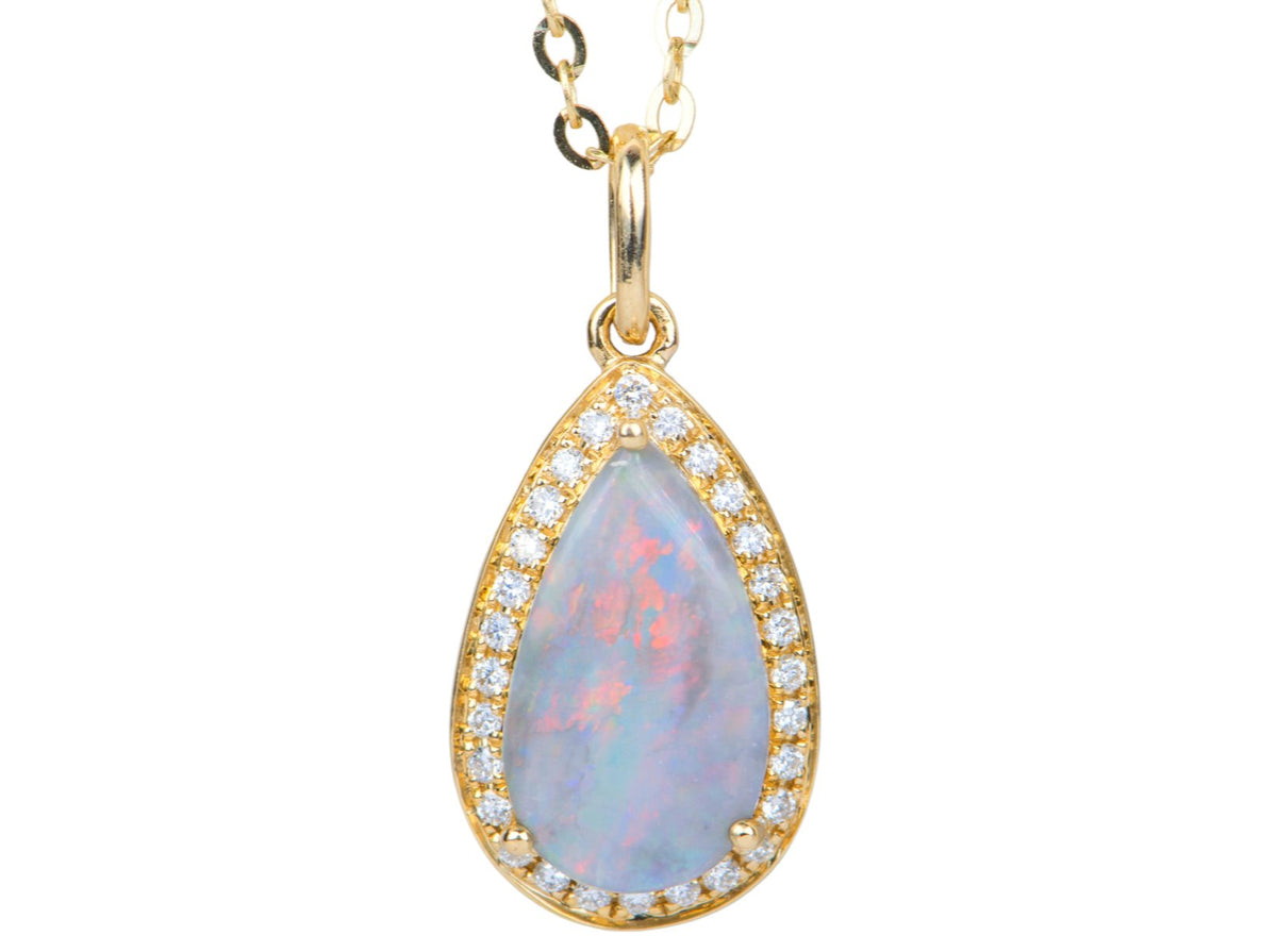 1.24ct Solid Australian Opal with Diamond Halo 14K Gold Pendant Charm R4157 Aurora Designer