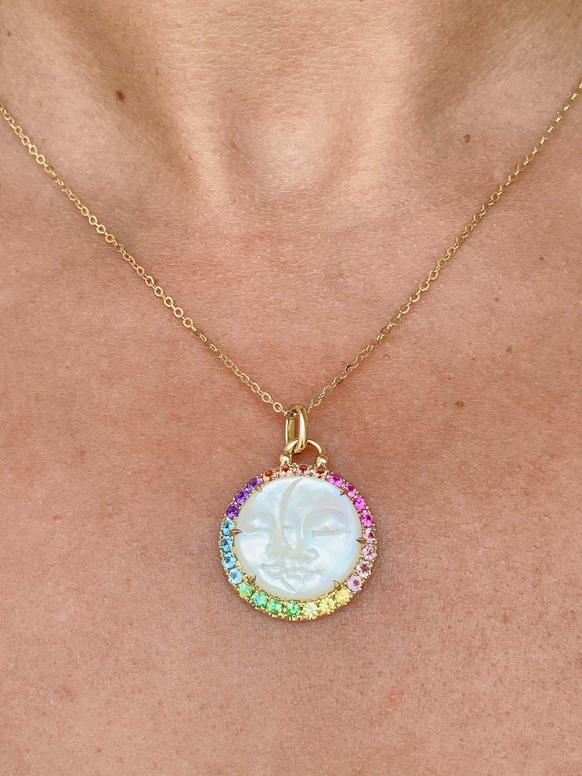 Carved Mother of Pearl Sun and Moon Face Disk Pendant with Rainbow Gemstone Halo 9K Yellow Gold R4172 Aurora Designer