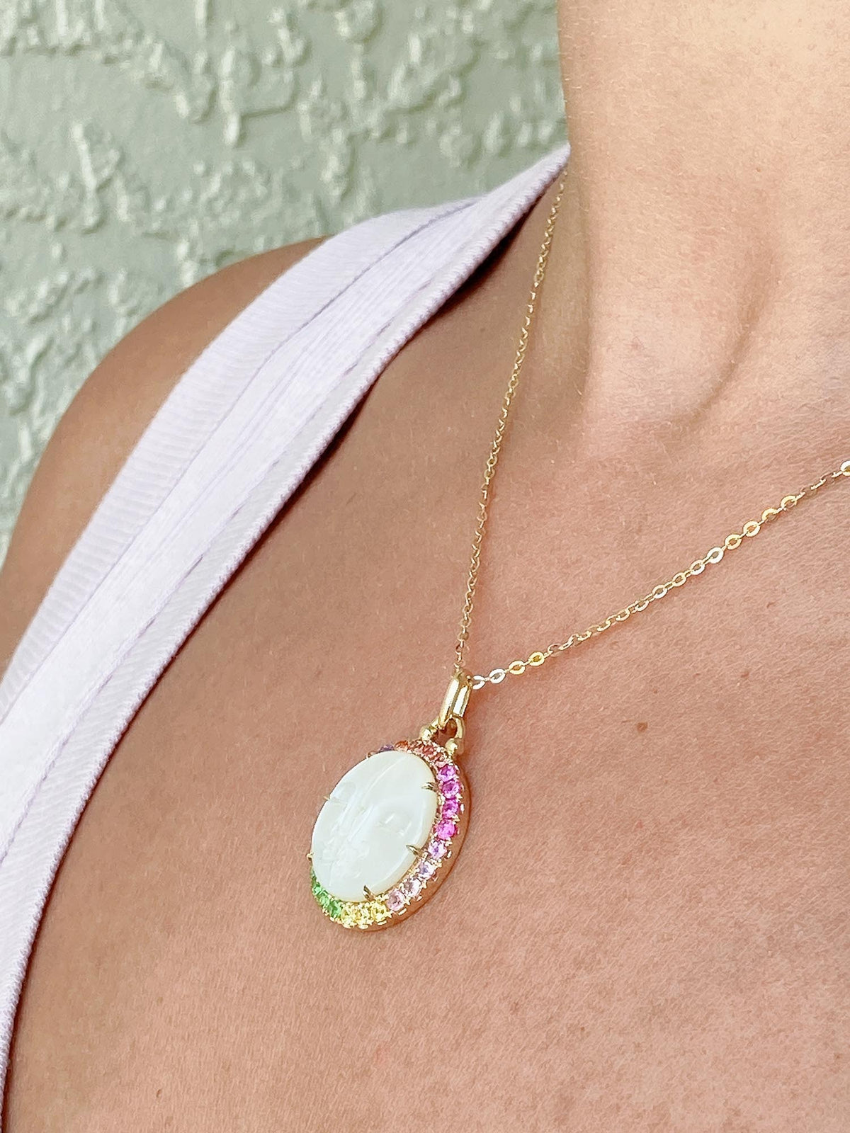Carved Mother of Pearl Sun and Moon Face Disk Pendant with Rainbow Gemstone Halo 9K Yellow Gold R4172 Aurora Designer