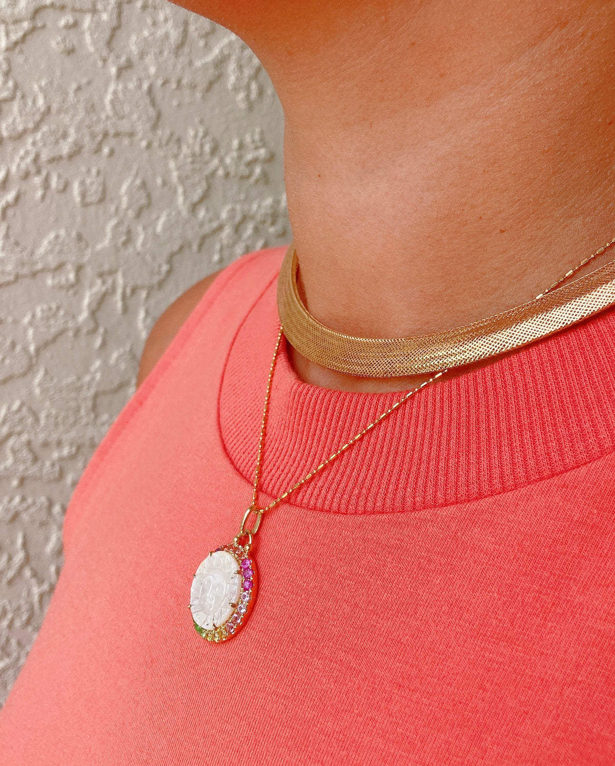 Carved Mother of Pearl Sun and Moon Face Disk Pendant with Rainbow Gemstone Halo 9K Yellow Gold R4172 Aurora Designer