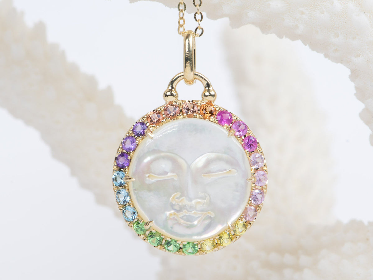 Carved Mother of Pearl Sun and Moon Face Disk Pendant with Rainbow Gemstone Halo 9K Yellow Gold R4172 Aurora Designer