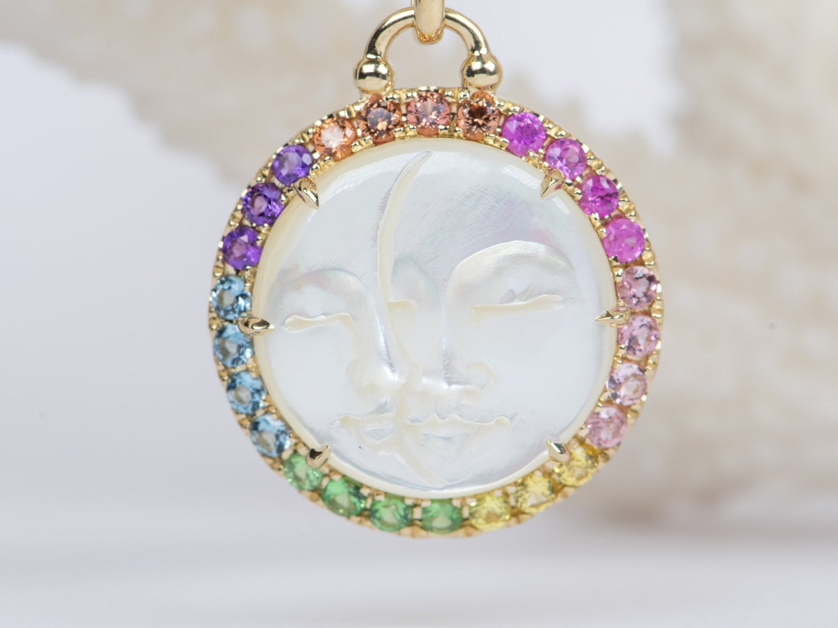 Carved Mother of Pearl Sun and Moon Face Disk Pendant with Rainbow Gemstone Halo 9K Yellow Gold R4172 Aurora Designer
