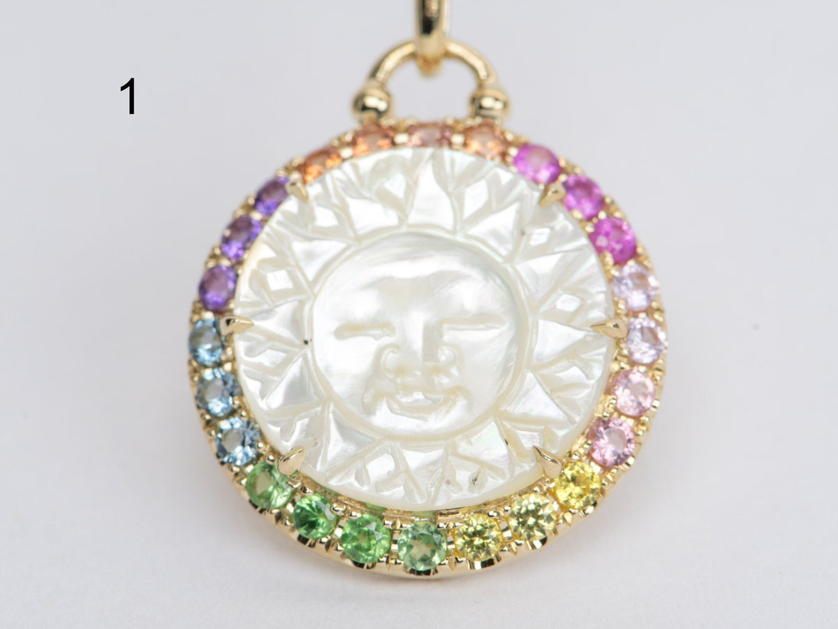 Carved Mother of Pearl Sun and Moon Face Disk Pendant with Rainbow Gemstone Halo 9K Yellow Gold R4172 Aurora Designer