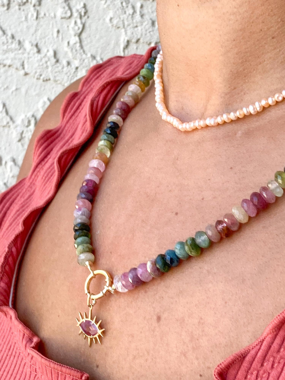 6-7mm Faceted Rondelle Rainbow Tourmaline Necklace with Solid 14K Gold Finish Bi-Color Tourmaline OOAK Gift For Her R4206 Aurora Designer