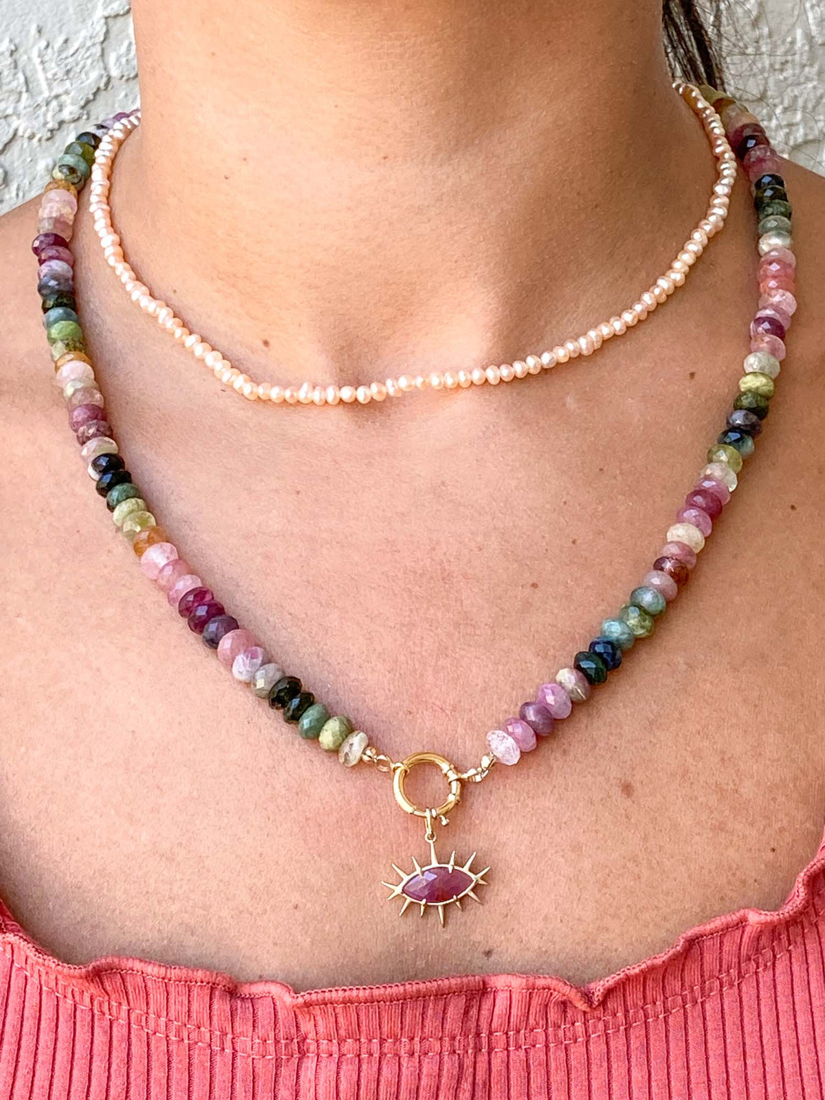 6-7mm Faceted Rondelle Rainbow Tourmaline Necklace with Solid 14K Gold Finish Bi-Color Tourmaline OOAK Gift For Her R4206 Aurora Designer