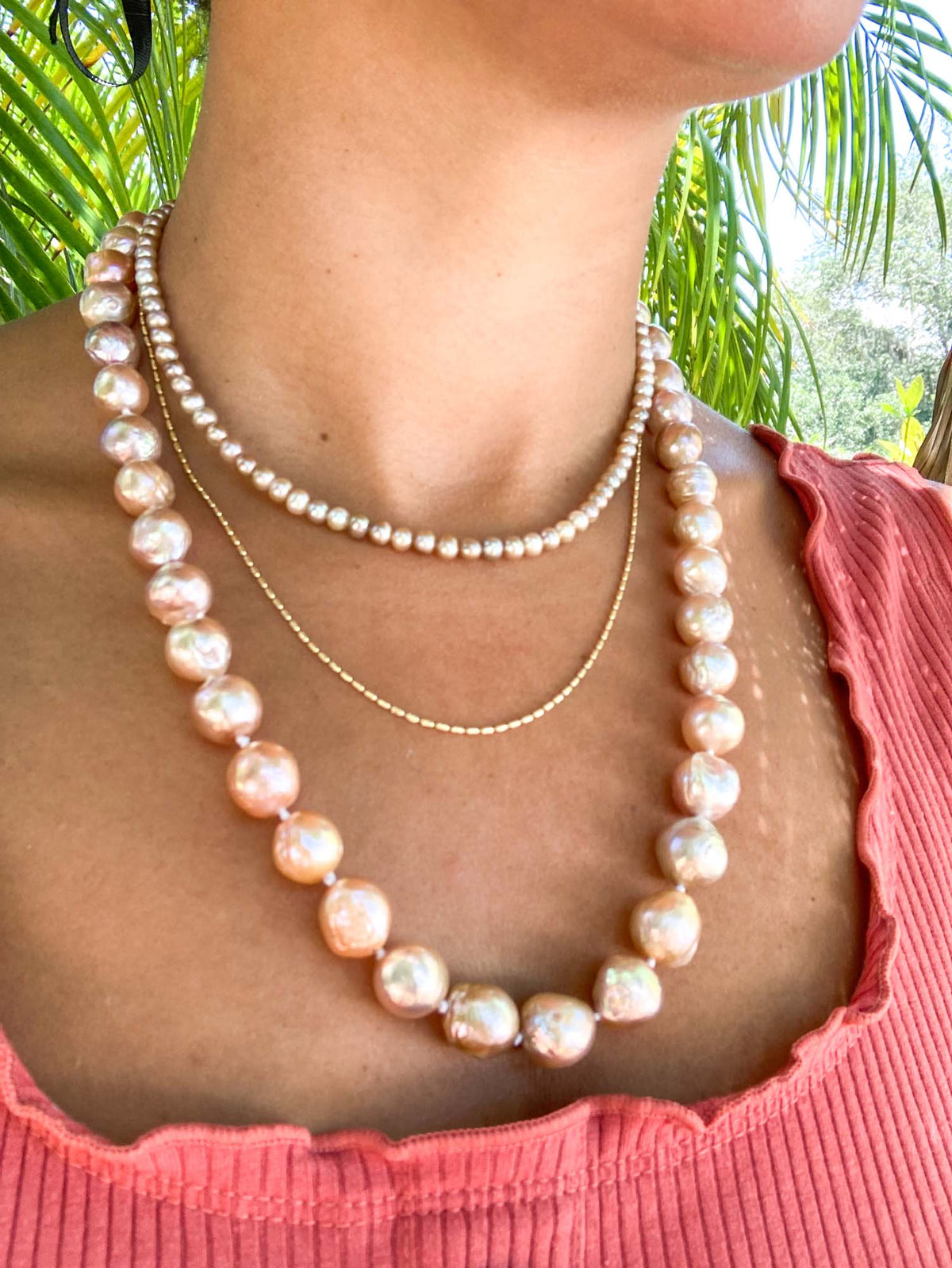 9-12mm Iridescent Peachy Pink Baroque Pearl Hand Knotted Necklace with Solid 14K Gold Finish OOAK Pearl Necklace Gift For Her R4205 Aurora Designer