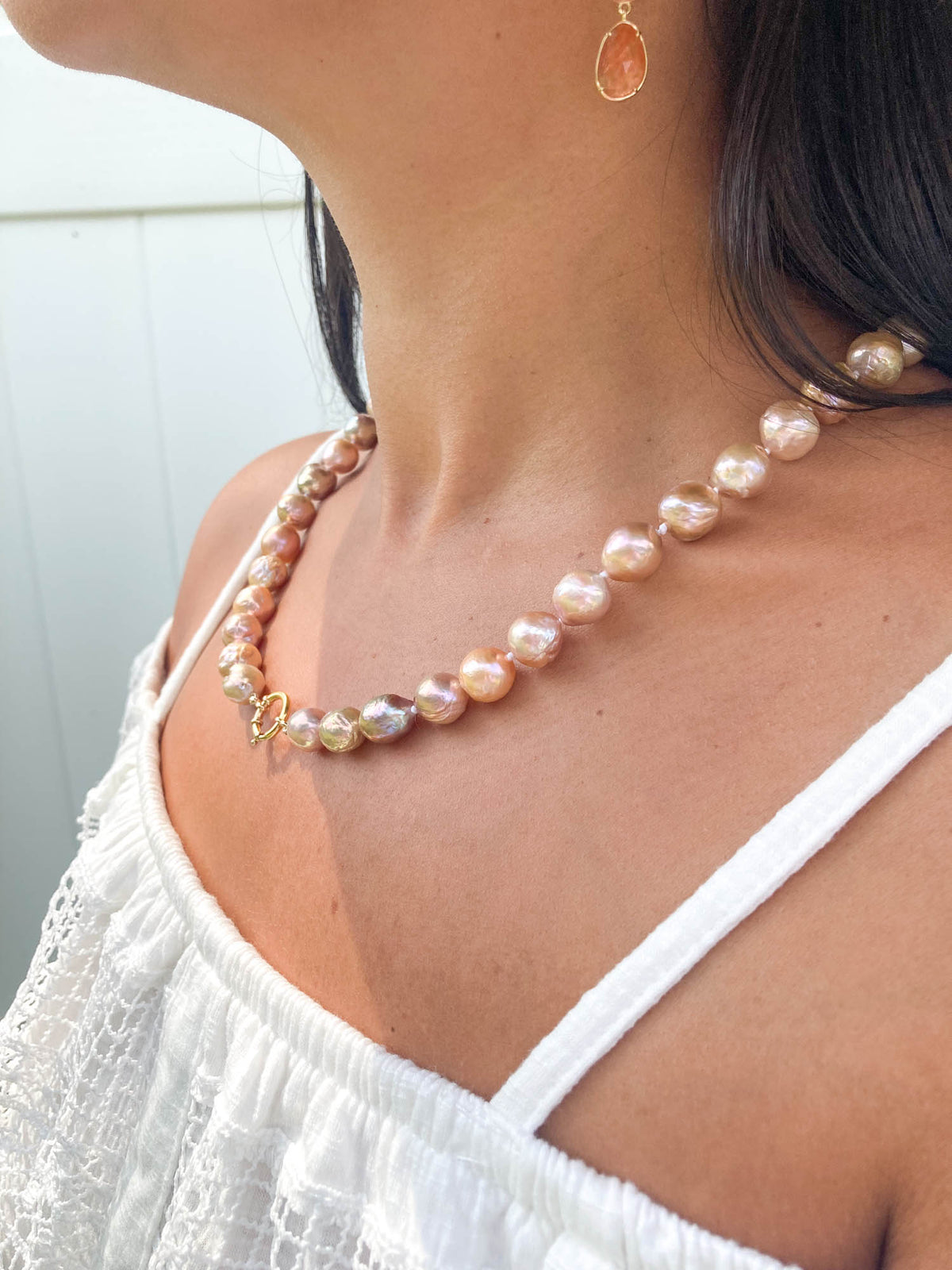 9-12mm Iridescent Peachy Pink Baroque Pearl Hand Knotted Necklace with Solid 14K Gold Finish OOAK Pearl Necklace Gift For Her R4205 Aurora Designer