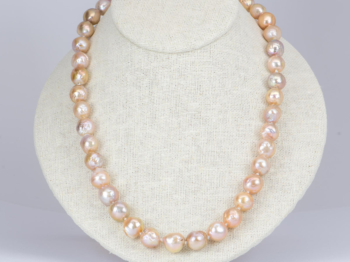9-12mm Iridescent Peachy Pink Baroque Pearl Hand Knotted Necklace with Solid 14K Gold Finish OOAK Pearl Necklace Gift For Her R4205 Aurora Designer