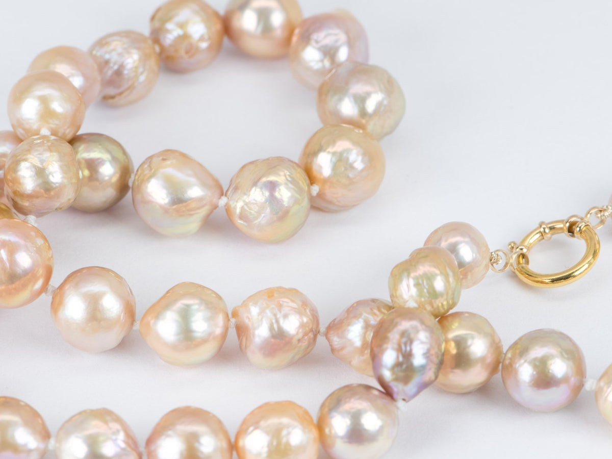 9-12mm Iridescent Peachy Pink Baroque Pearl Hand Knotted Necklace with Solid 14K Gold Finish OOAK Pearl Necklace Gift For Her R4205 Aurora Designer
