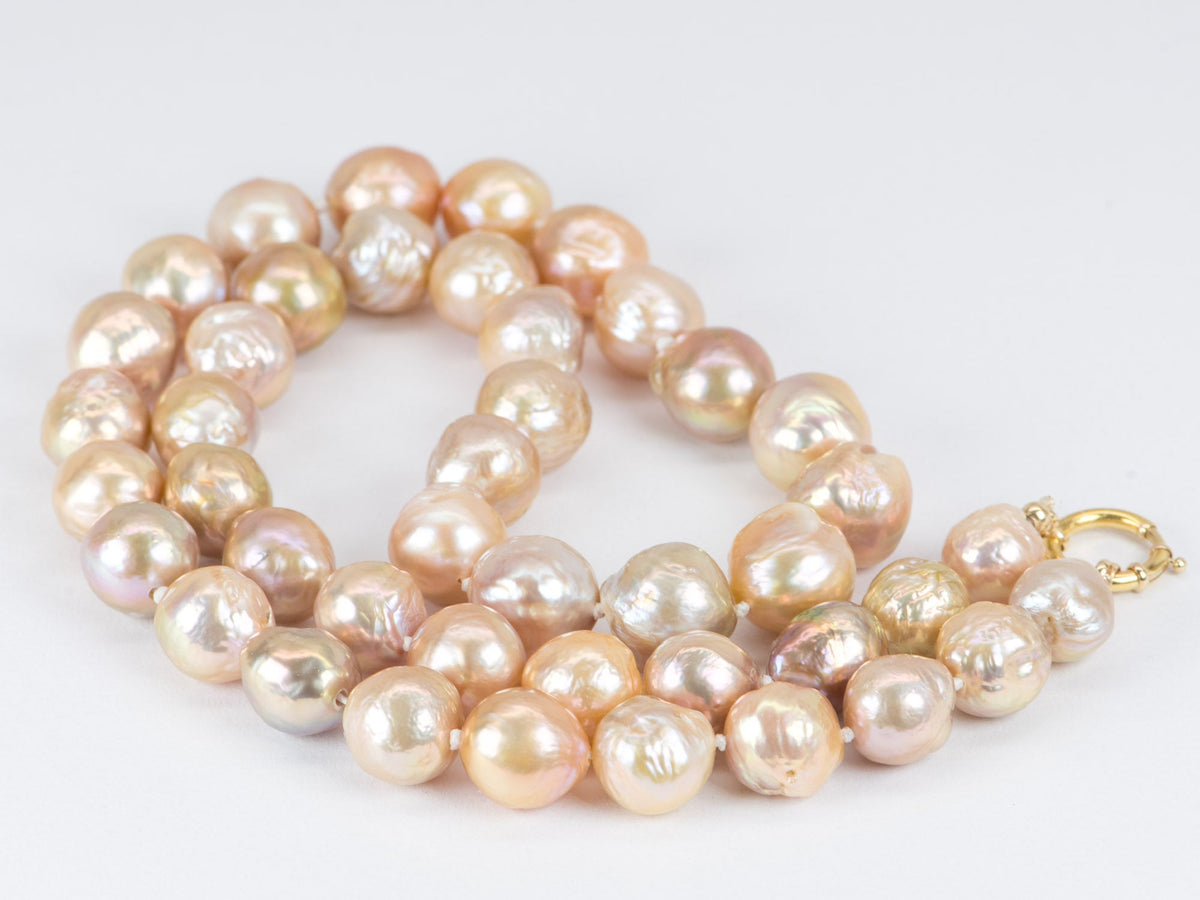 9-12mm Iridescent Peachy Pink Baroque Pearl Hand Knotted Necklace with Solid 14K Gold Finish OOAK Pearl Necklace Gift For Her R4205 Aurora Designer