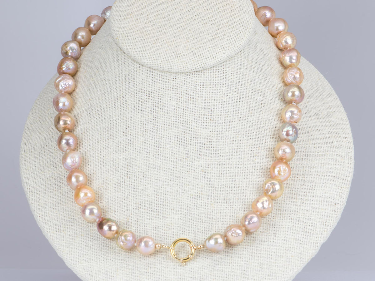 9-12mm Iridescent Peachy Pink Baroque Pearl Hand Knotted Necklace with Solid 14K Gold Finish OOAK Pearl Necklace Gift For Her R4205 Aurora Designer