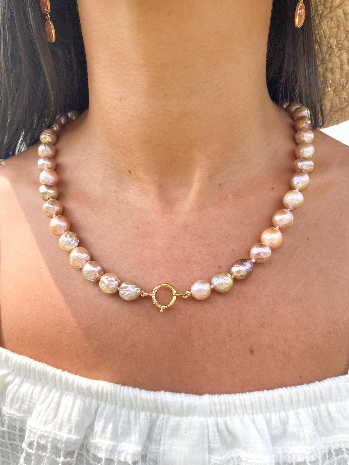 9-12mm Iridescent Peachy Pink Baroque Pearl Hand Knotted Necklace with Solid 14K Gold Finish OOAK Pearl Necklace Gift For Her R4205 Aurora Designer