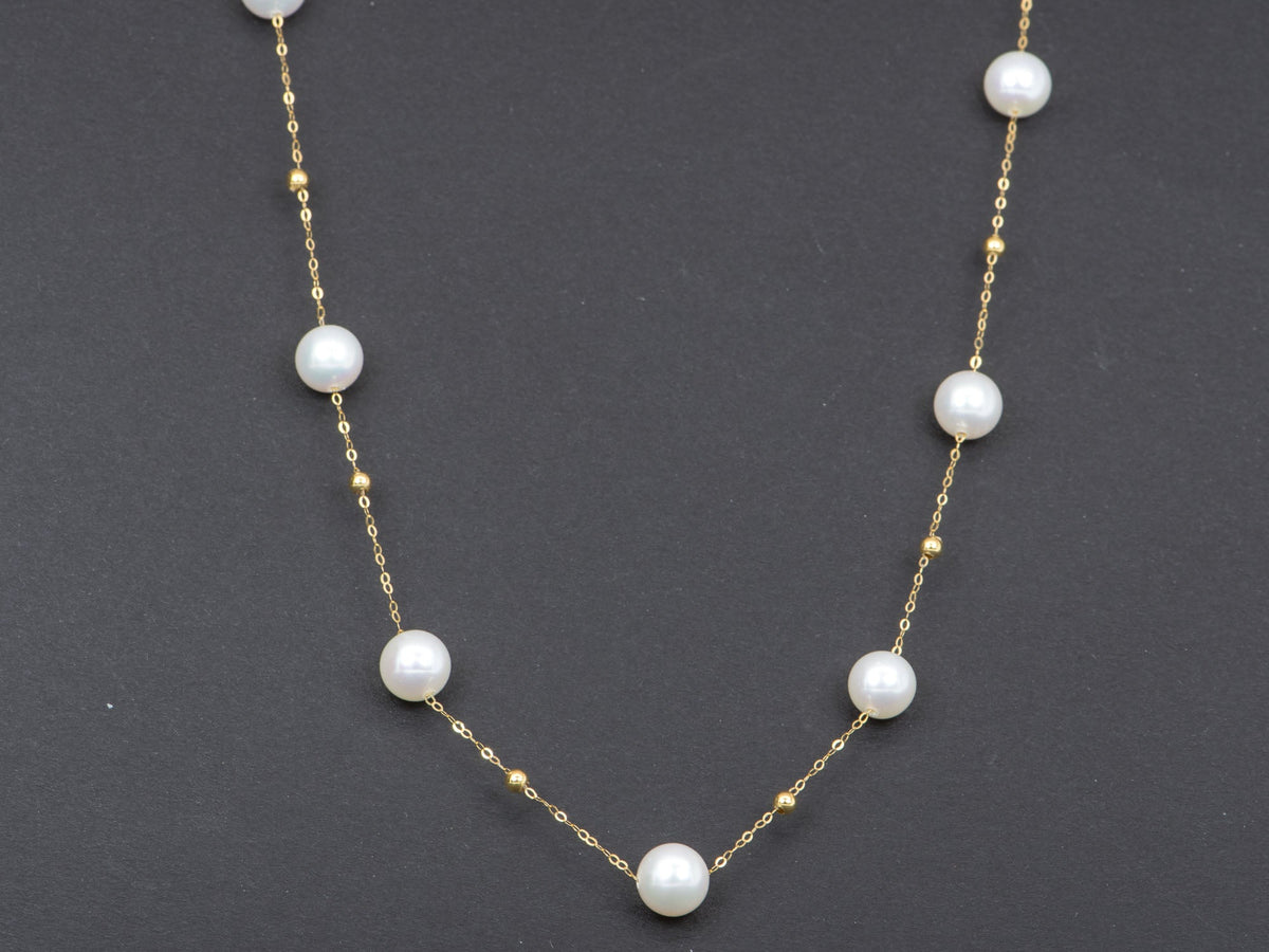 7mm Freshwater Pearl Station Necklace 18K Gold OOAK R4217 Aurora Designer