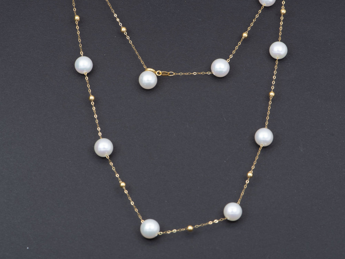 7mm Freshwater Pearl Station Necklace 18K Gold OOAK R4217 Aurora Designer