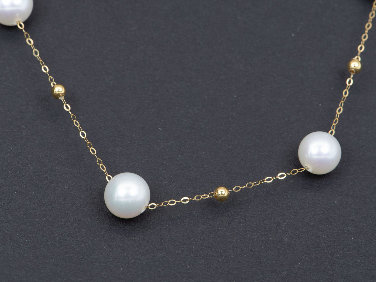 7mm Freshwater Pearl Station Necklace 18K Gold OOAK R4217 Aurora Designer
