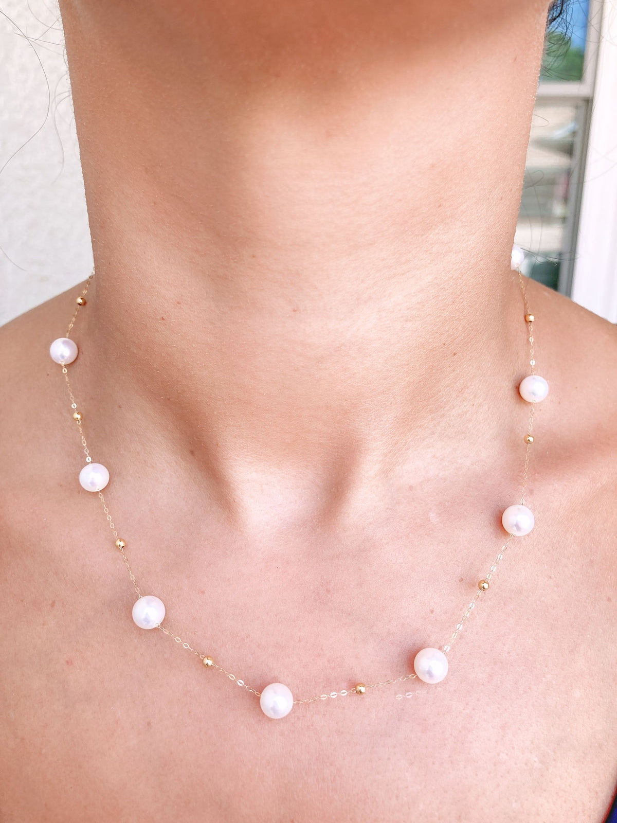 7mm Freshwater Pearl Station Necklace 18K Gold OOAK R4217 Aurora Designer