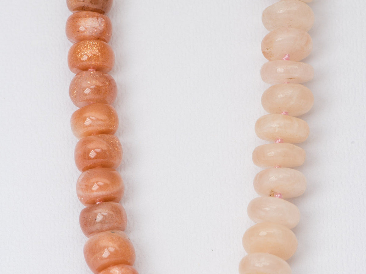 Morganite and Sunstone Rondelle Half and Half Necklace Hand Knotted with 14K Gold Rings R4229 Aurora Designer