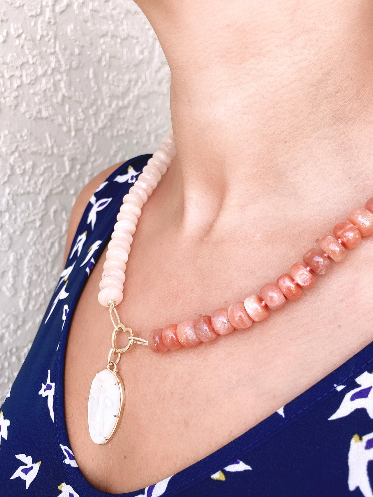 Morganite and Sunstone Rondelle Half and Half Necklace Hand Knotted with 14K Gold Rings R4229 Aurora Designer