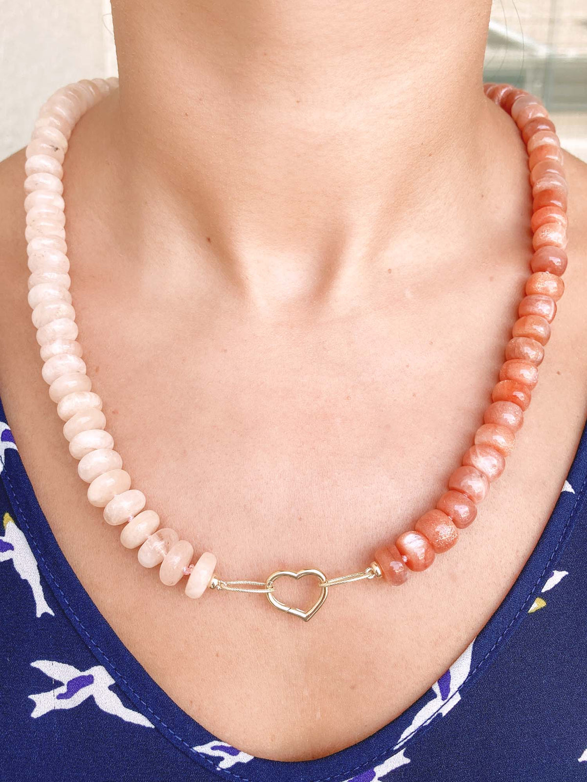 Morganite and Sunstone Rondelle Half and Half Necklace Hand Knotted with 14K Gold Rings R4229 Aurora Designer
