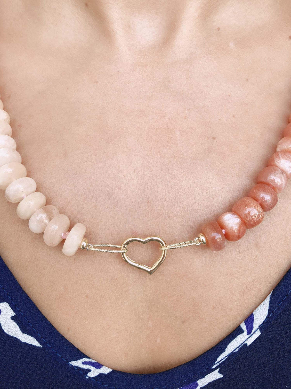 Morganite and Sunstone Rondelle Half and Half Necklace Hand Knotted with 14K Gold Rings R4229 Aurora Designer