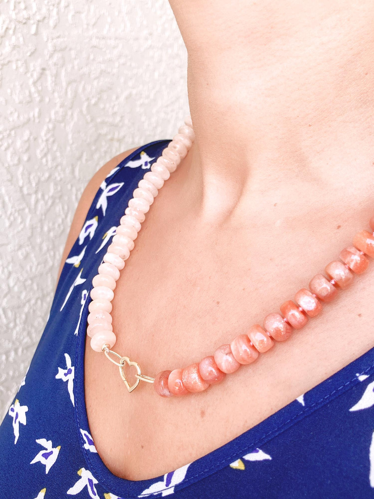 Morganite and Sunstone Rondelle Half and Half Necklace Hand Knotted with 14K Gold Rings R4229 Aurora Designer