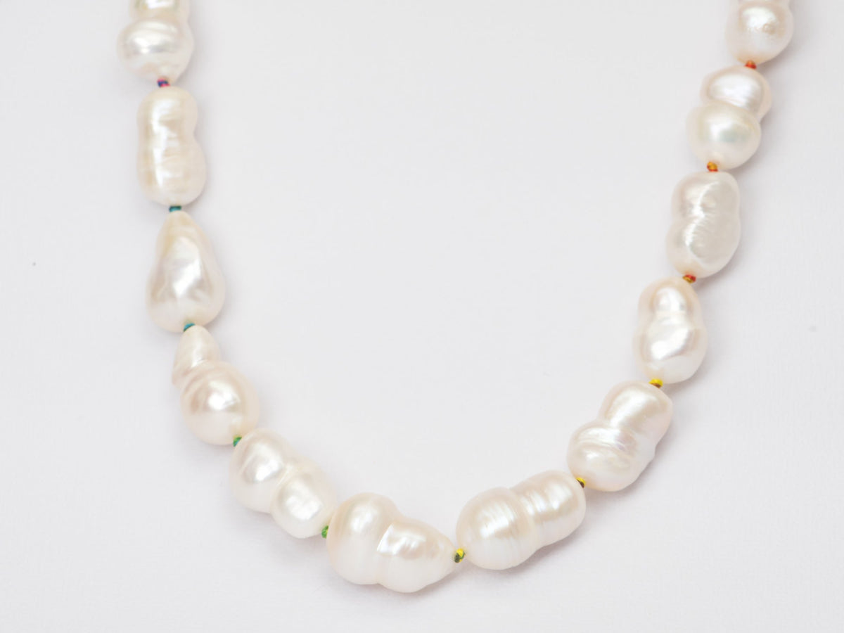 Freshwater Baroque Pearl with Rainbow Hand Knots Necklace 14K Gold Rings R4236 Aurora Designer
