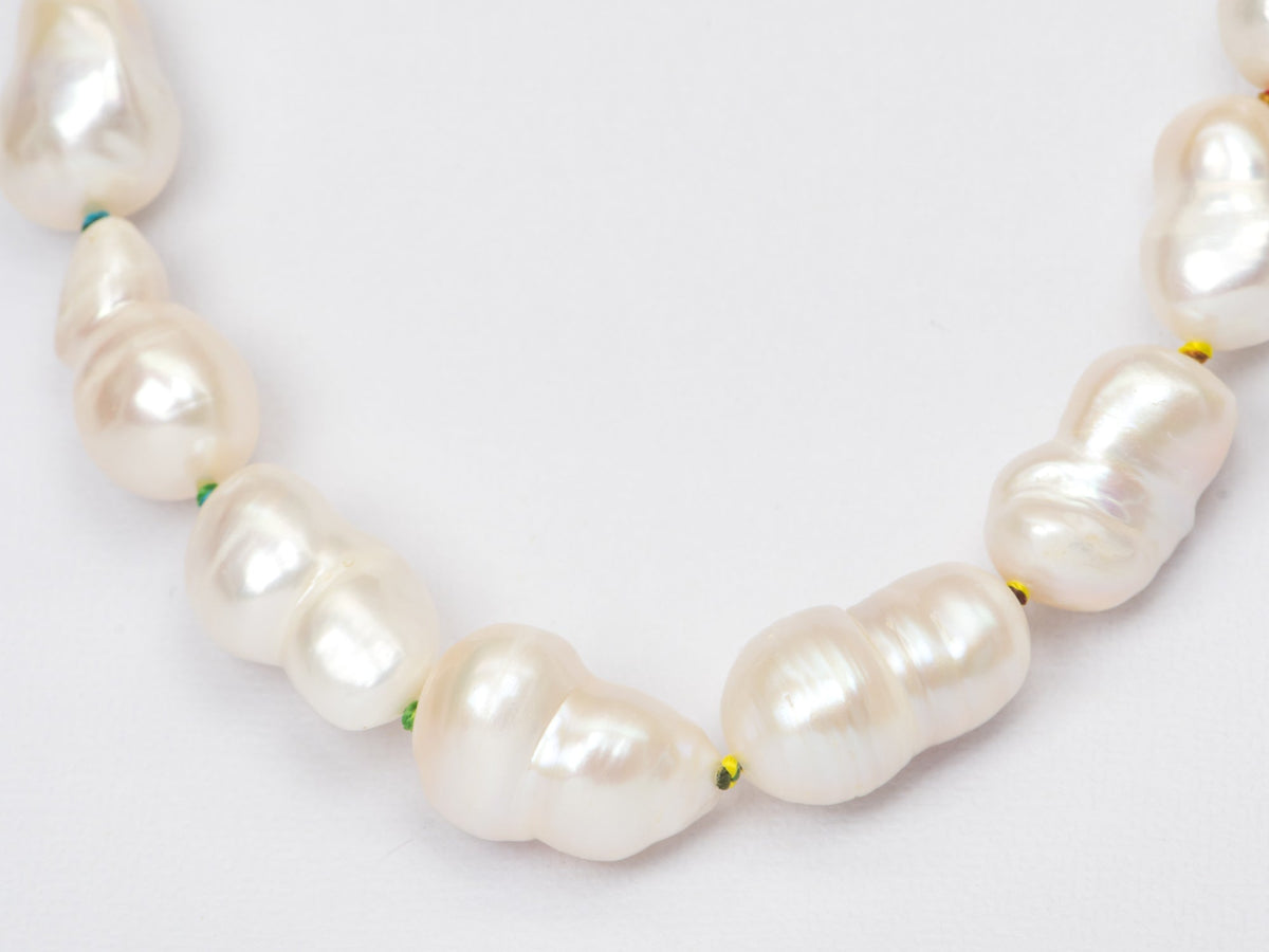 Freshwater Baroque Pearl with Rainbow Hand Knots Necklace 14K Gold Rings R4236 Aurora Designer