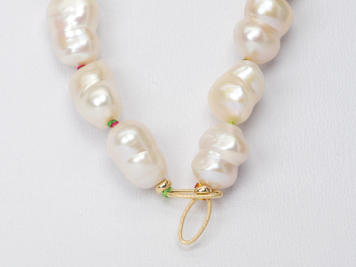 Freshwater Baroque Pearl with Rainbow Hand Knots Necklace 14K Gold Rings R4236 Aurora Designer