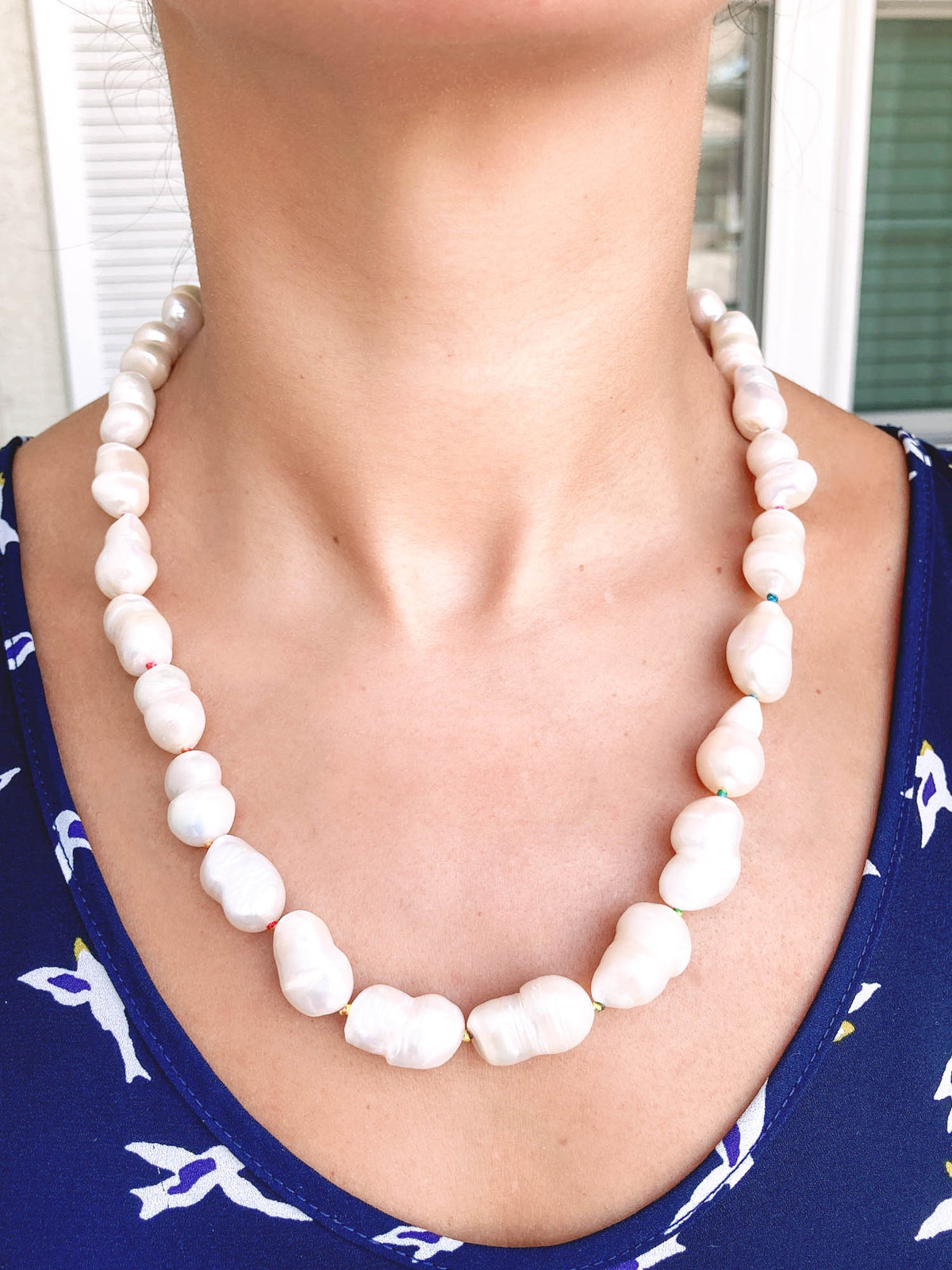 Freshwater Baroque Pearl with Rainbow Hand Knots Necklace 14K Gold Rings R4236 Aurora Designer
