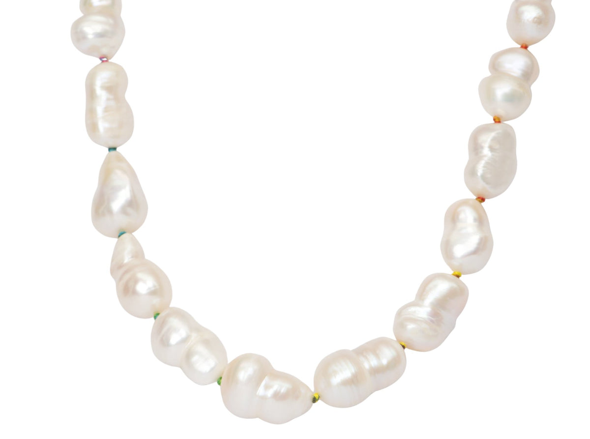 Freshwater Baroque Pearl with Rainbow Hand Knots Necklace 14K Gold Rings R4236 Aurora Designer