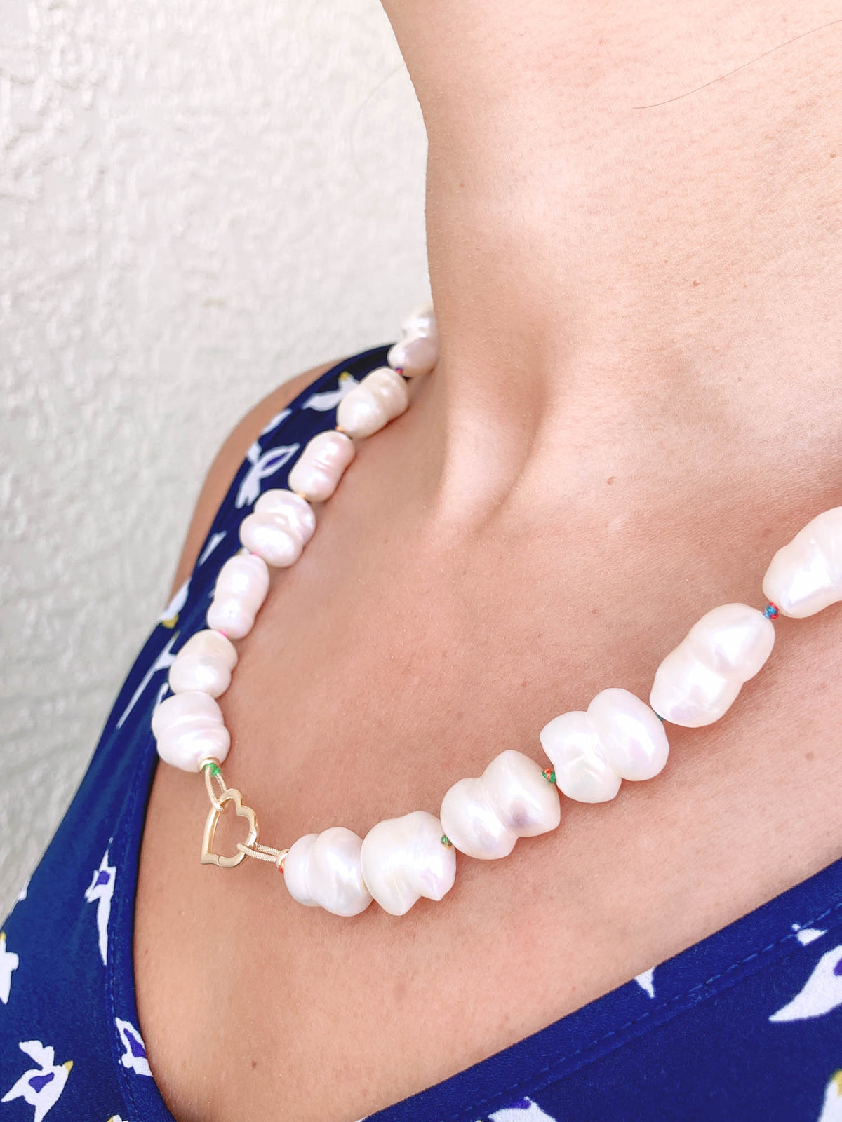 Freshwater Baroque Pearl with Rainbow Hand Knots Necklace 14K Gold Rings R4236 Aurora Designer