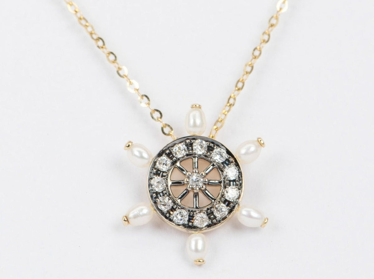 Vintage-Inspired 0.31ct Old Mine Cut Diamond and Pearl Wheel Pendant 14K Gold R4260 Aurora Designer