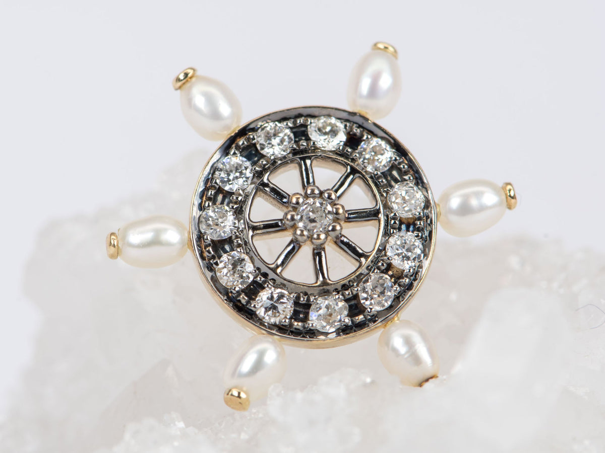 Vintage-Inspired 0.31ct Old Mine Cut Diamond and Pearl Wheel Pendant 14K Gold R4260 Aurora Designer