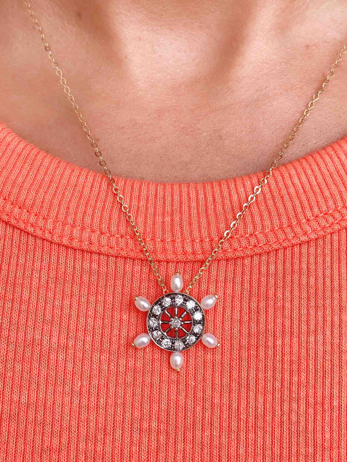 Vintage-Inspired 0.31ct Old Mine Cut Diamond and Pearl Wheel Pendant 14K Gold R4260 Aurora Designer