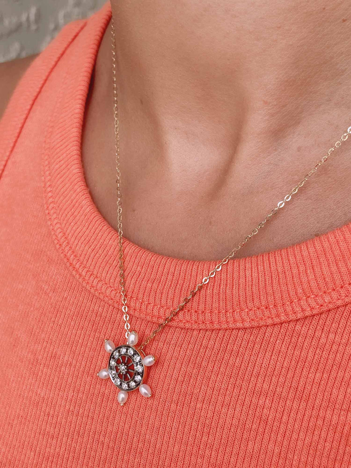 Vintage-Inspired 0.31ct Old Mine Cut Diamond and Pearl Wheel Pendant 14K Gold R4260 Aurora Designer