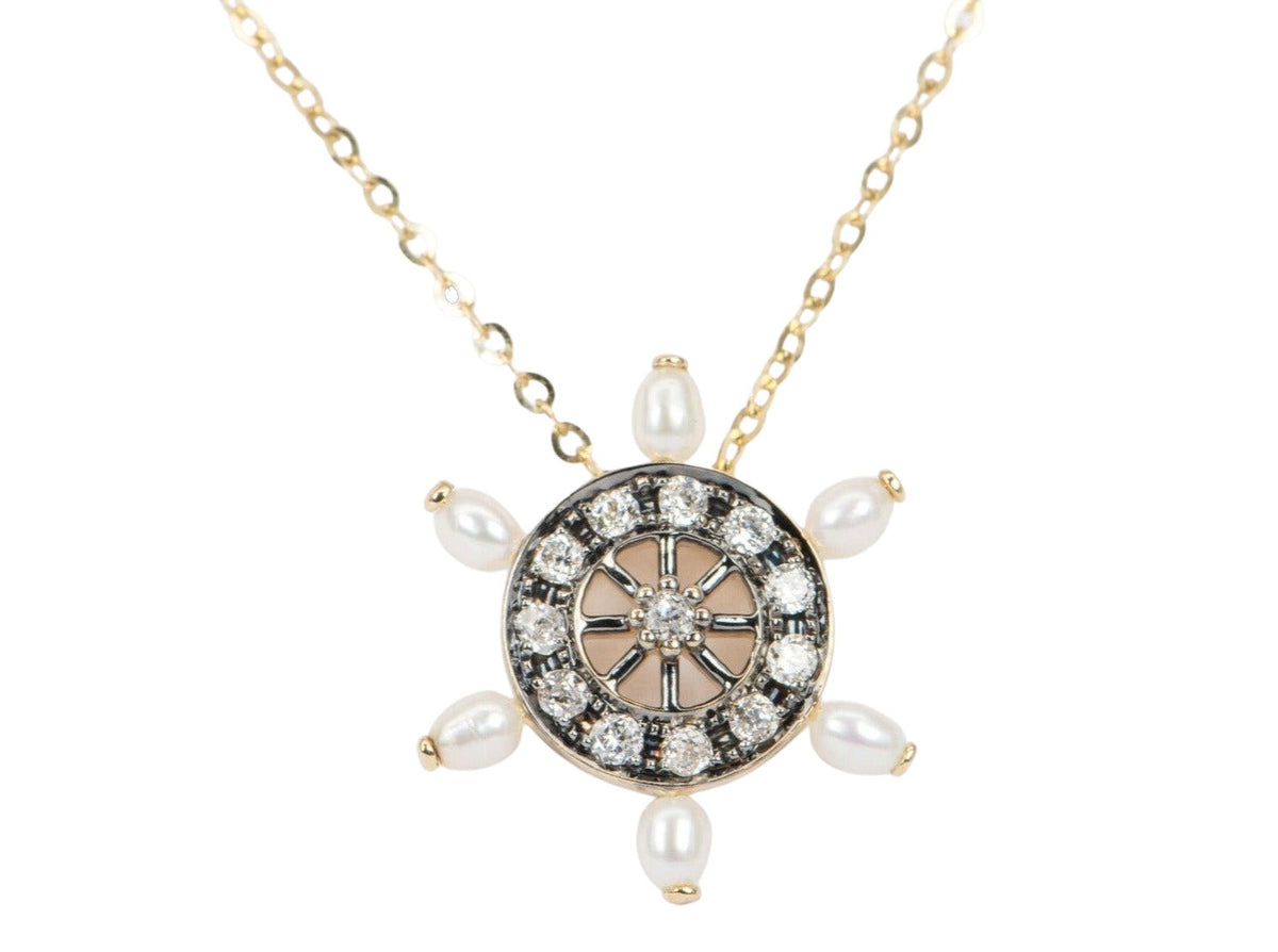 Vintage-Inspired 0.31ct Old Mine Cut Diamond and Pearl Wheel Pendant 14K Gold R4260 Aurora Designer