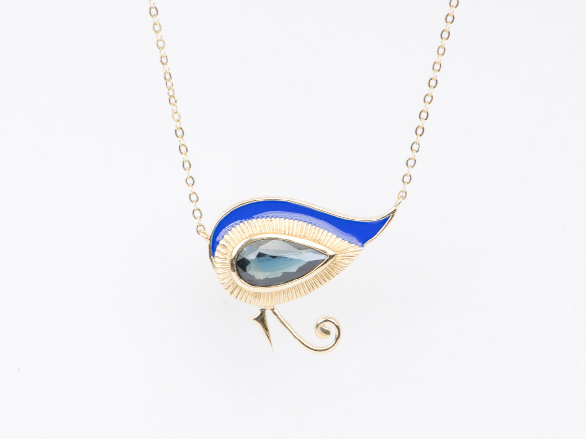 Eye of Horus 1.82ct Nigerian Sapphire with Blue Enamel 9K Gold Necklace R4262 Aurora Designer