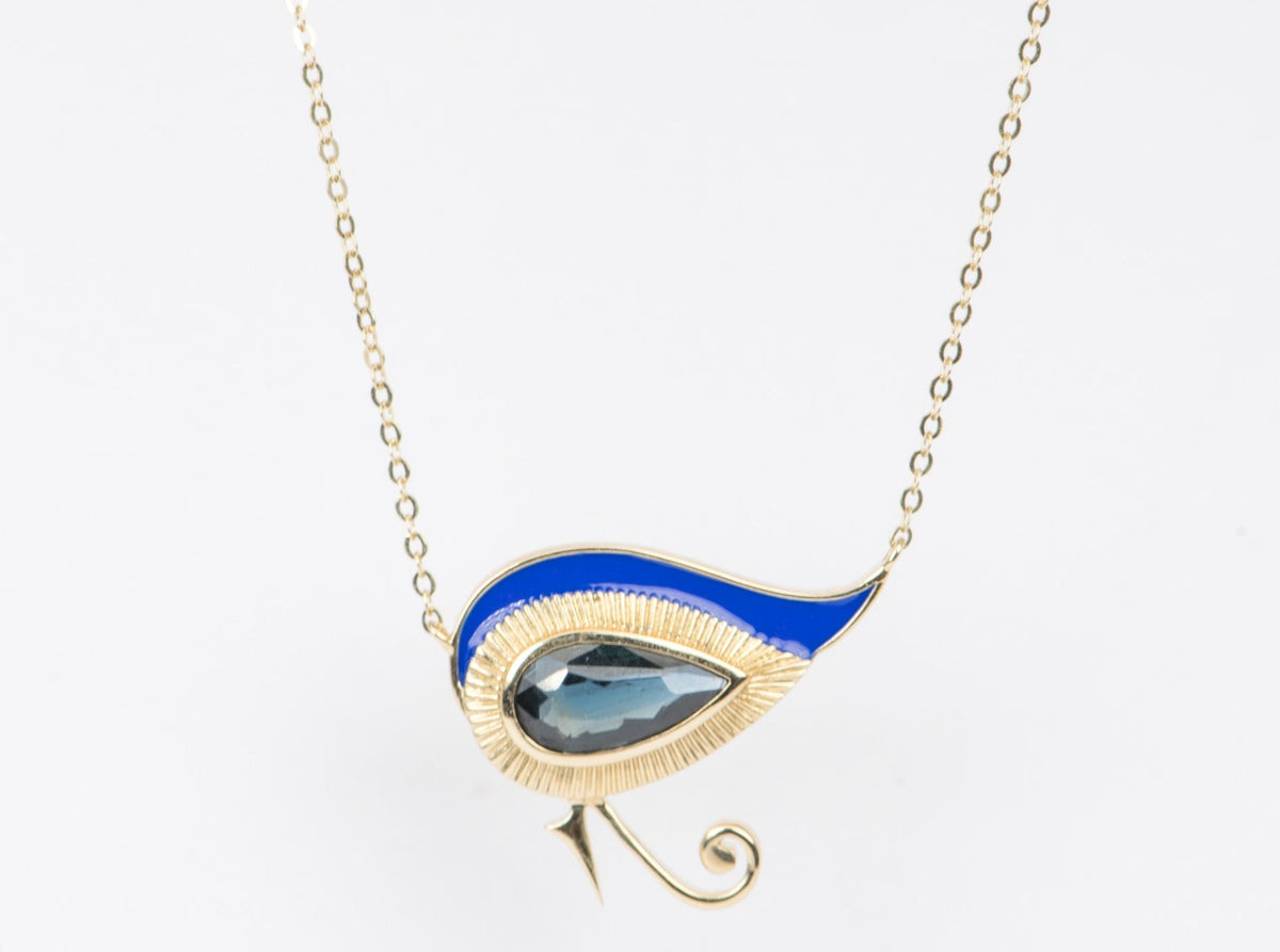 Eye of Horus 1.82ct Nigerian Sapphire with Blue Enamel 9K Gold Necklace R4262 Aurora Designer