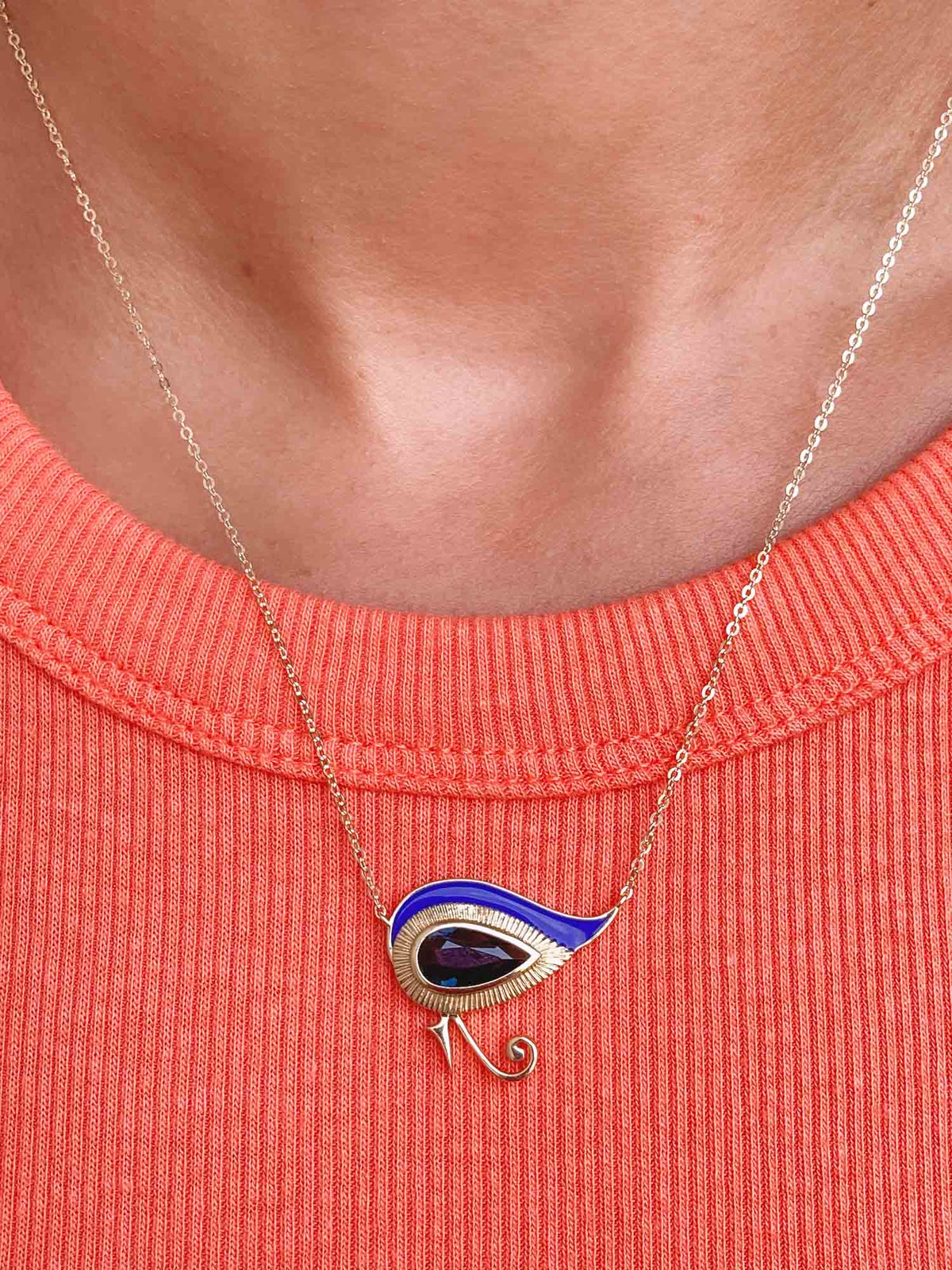 Eye of Horus 1.82ct Nigerian Sapphire with Blue Enamel 9K Gold Necklace R4262 Aurora Designer