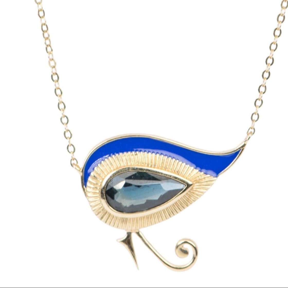 Eye of Horus 1.82ct Nigerian Sapphire with Blue Enamel 9K Gold Necklace R4262 Aurora Designer