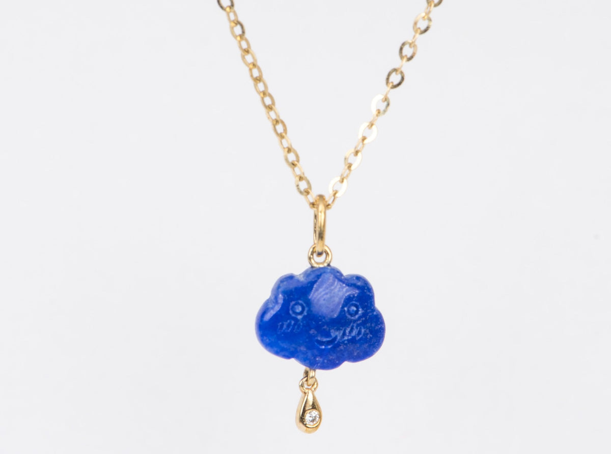 Hand Carved Lapis Lazuli Cloud with Diamond Lightning Pendant Charm 9K Gold R4269 Aurora Designer
